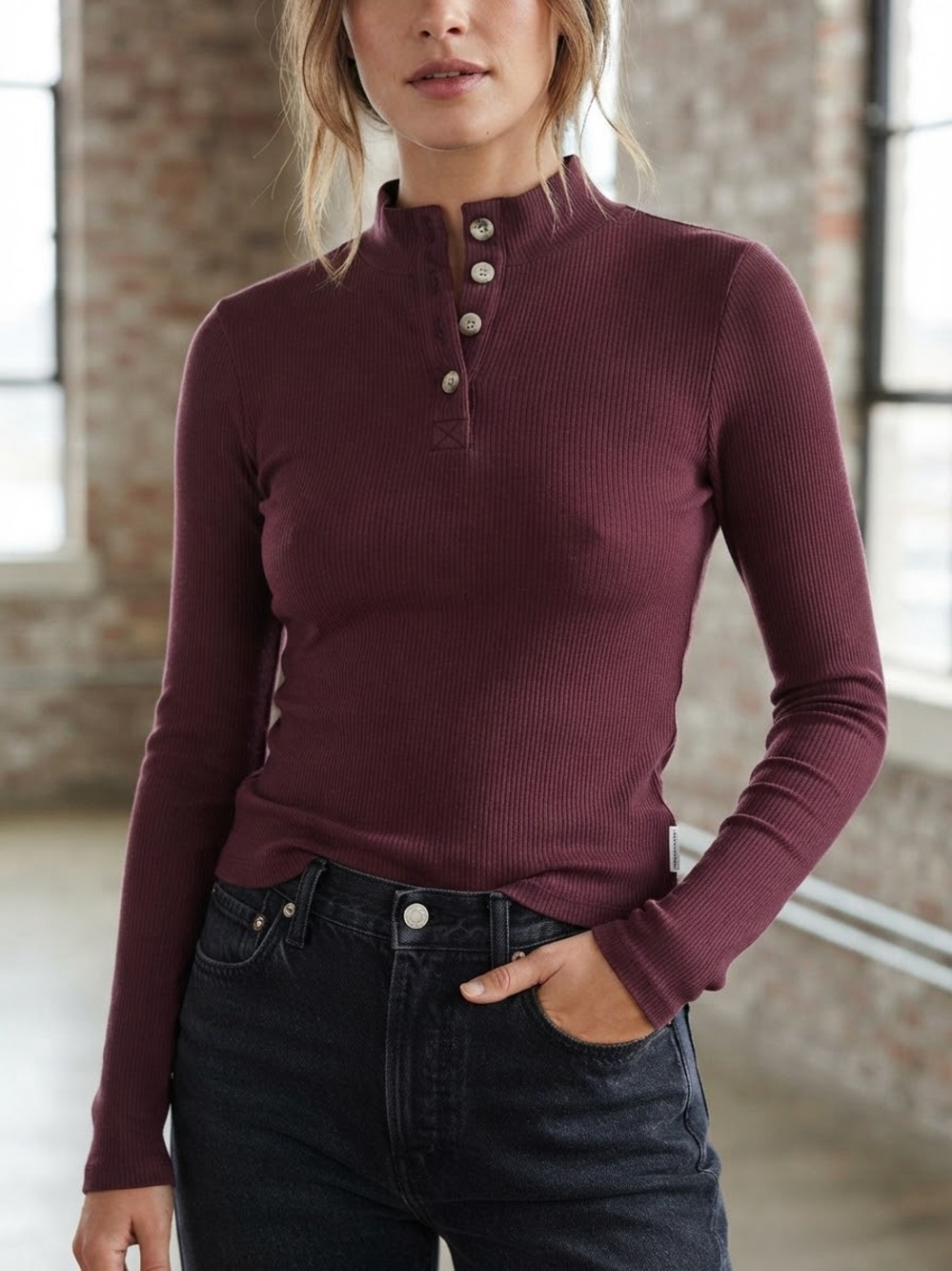 Marc O’Polo - Ribbed Button-Neck Long Sleeve Top - Burgundy